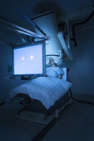A participant concentrates on a screen for an MEG attention
           experiment