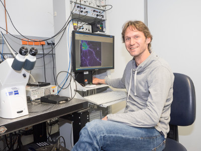 A researcher examines a slide with a microscope